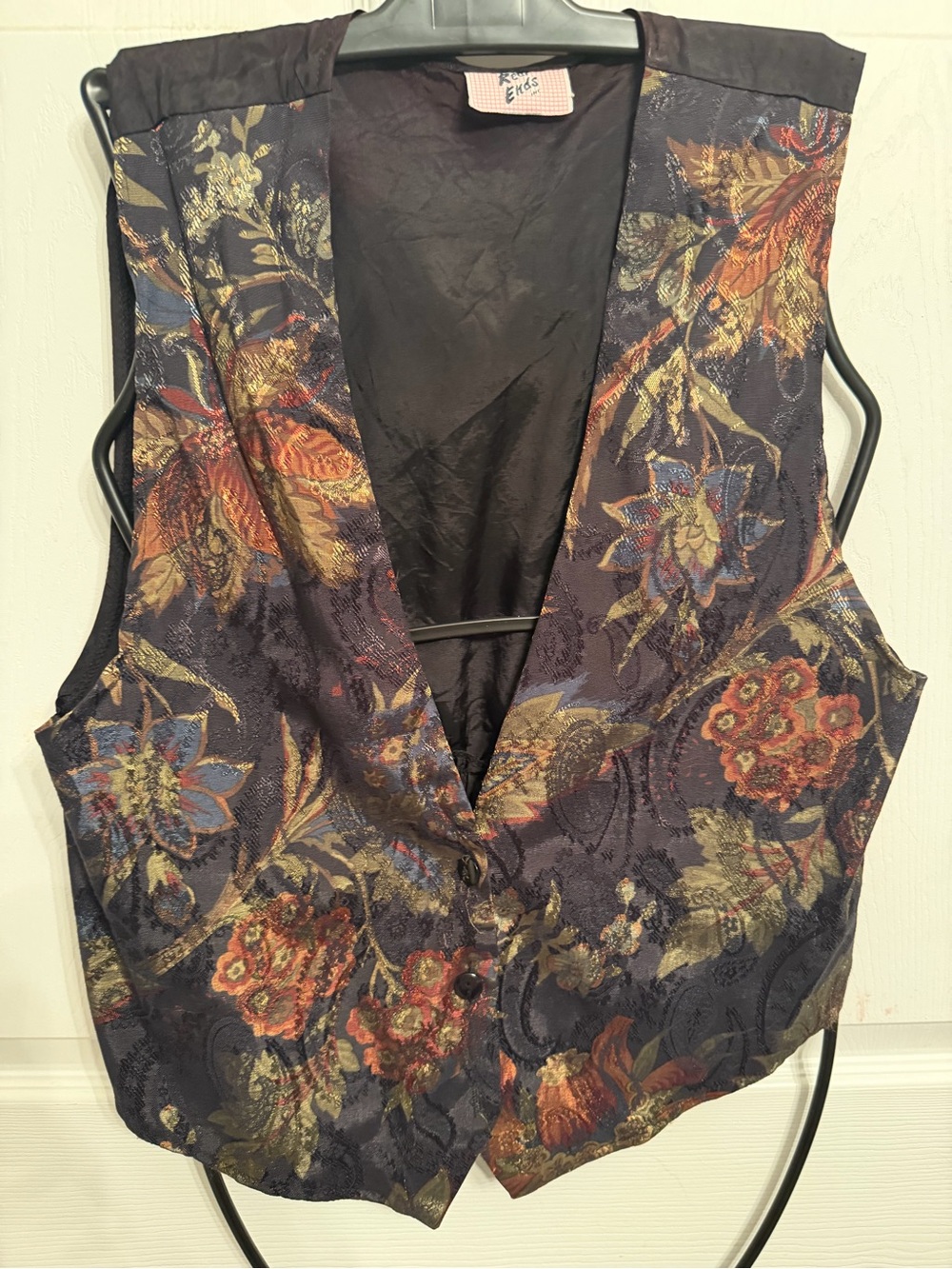 Vintage Floral 80s Brocade Vest Size Small Black & Colorful Flowers